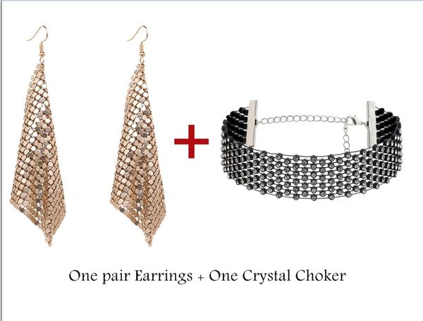

горячие продажи мода женщины блестящие кисточкой серьги сетки длинные падение мотаться серьги + девушки воротник колье короткое ожерелье, Silver