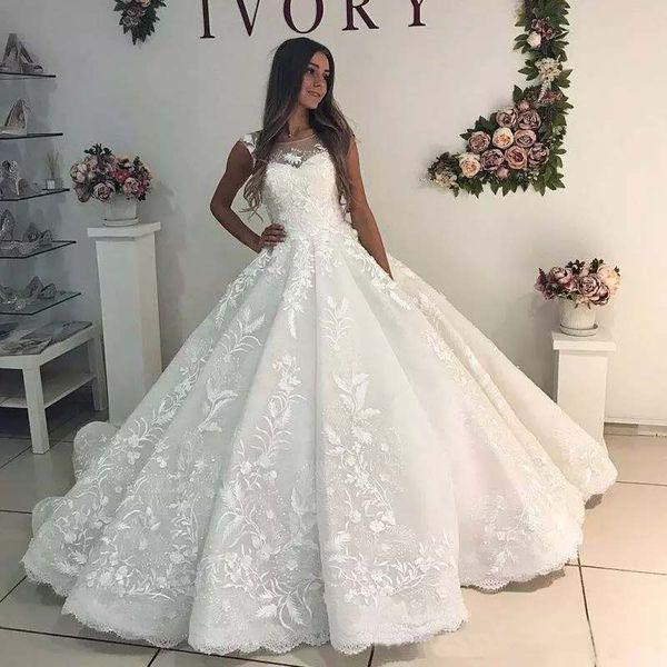 

custom lace ball gown wedding dresses 2019 appliques sheer bateau neck lace-up backw court train wedding bridal gowns, White