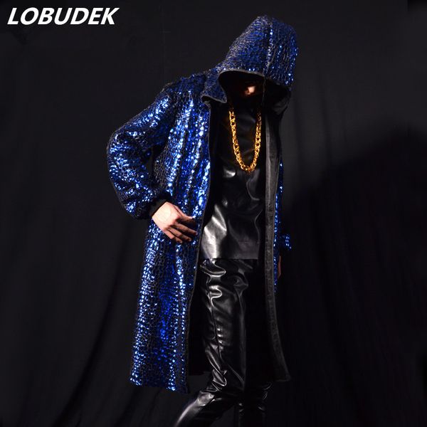 

wholesale- male costume cool blue scale atmospheric cloak long jacket dancer singer dress performance show nightclub outdoors slim show, Tan;black