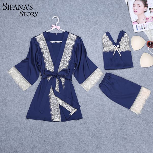 

women silk satin robe set lace 3 pieces set robe+short summer sleepwear fashion nightwear soft home clothing, Black;red