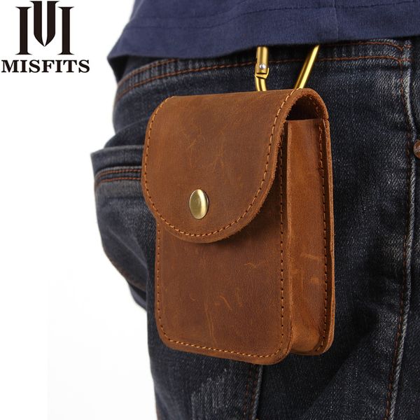 

misfits genuine leather waist pacmen cigarette pouch mini waist bag male crazy horse leather vintage belt bag hip bum pack