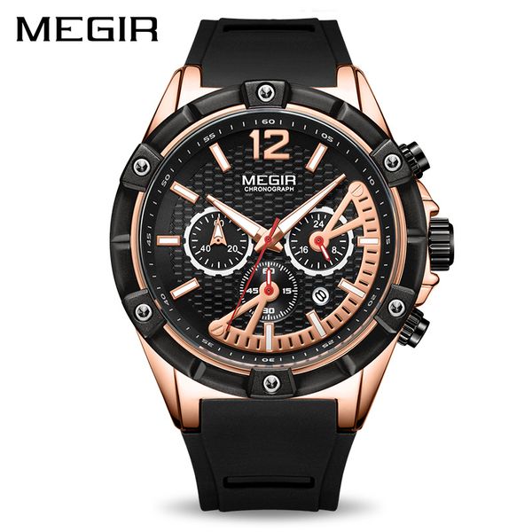 

mens watches megir chronograph silicone sport watch clock time waterproof men's quartz wrist watch men, Slivery;brown