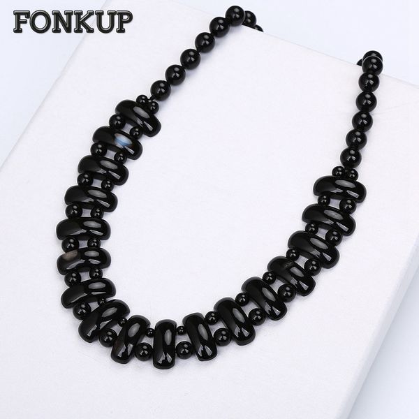 

fonkup agate necklace black bead chain jewellery men casual accessories fashion lady pendant women engagement choker gem round, Silver