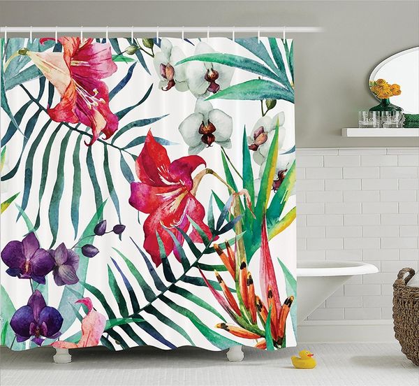 

tropical wild orchid flowers with palm leaves shower curtain printing waterproof mildewproof polyester fabric bath curtain