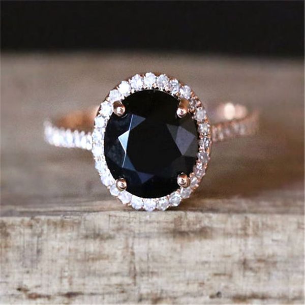 

black stone rings for women wedding engagement ring gift crystal ring rose gold luxury jewelry bague femme anillos mujer o3d167, Golden;silver
