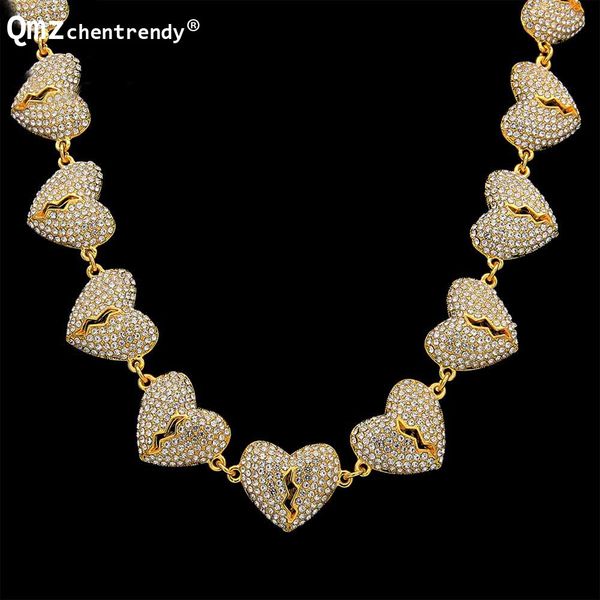 

news arrival mens broken heart chain necklace bling iced out with luxury rhinestone heart link necklace drop shipping, Silver