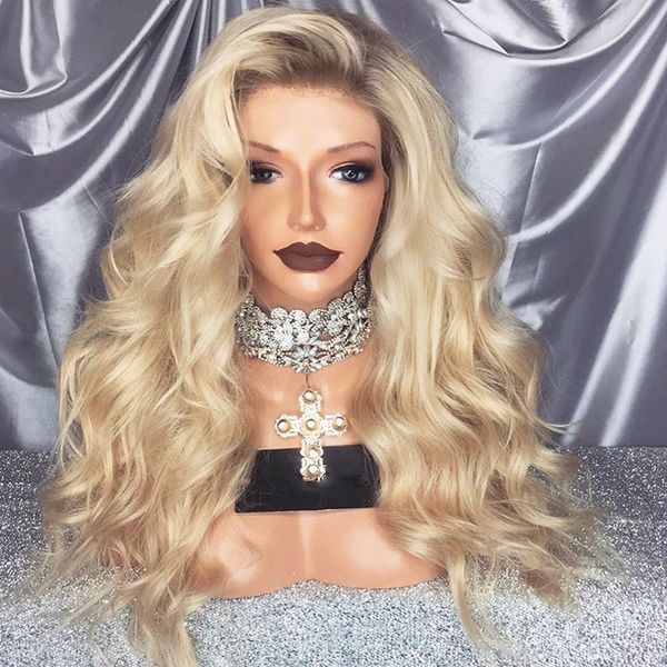 

selling 180% density glueless blonde long wavy wigs with baby hair synthetic ombre blonde lace front wigs for women heat resistant, Black