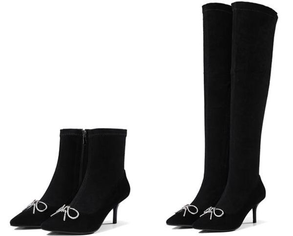 

2018 genuine leather crystal butterfly-knot suede fashion ankle boot women over the knee high heel boots 7cm heel, Black