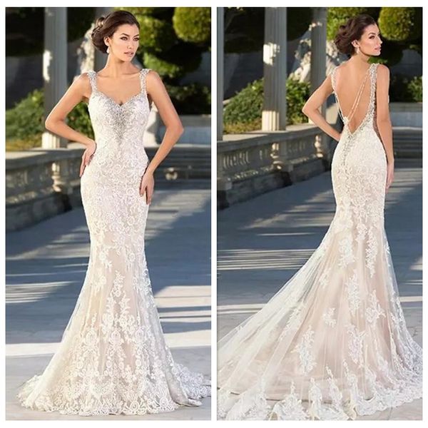 

2021 spaghetti lace mermaid appliques sweetheart beaded crystal wedding dresses bridal gowns backless beaded crystal formal garden, White
