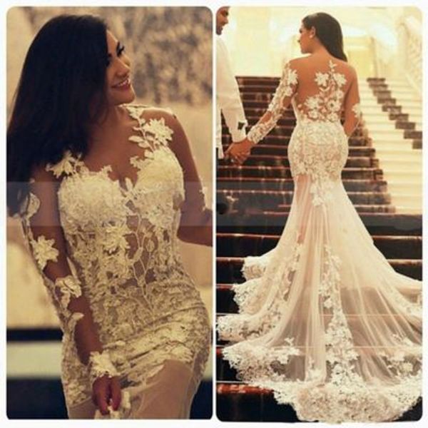 

said mhamad mermaid wedding dresses illusion 3d appliques lace country bridal gowns fishtail tulle long sleeve bohemian church wedding gown, White
