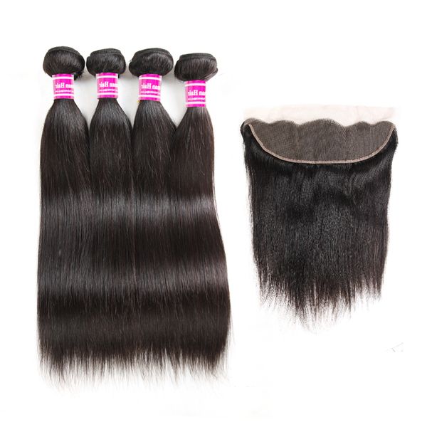 

10a grade brazilian virgin hair bundles with lace frontal straight human hair extensions natural clolor weaves frontal ear to ear wholesale, Black