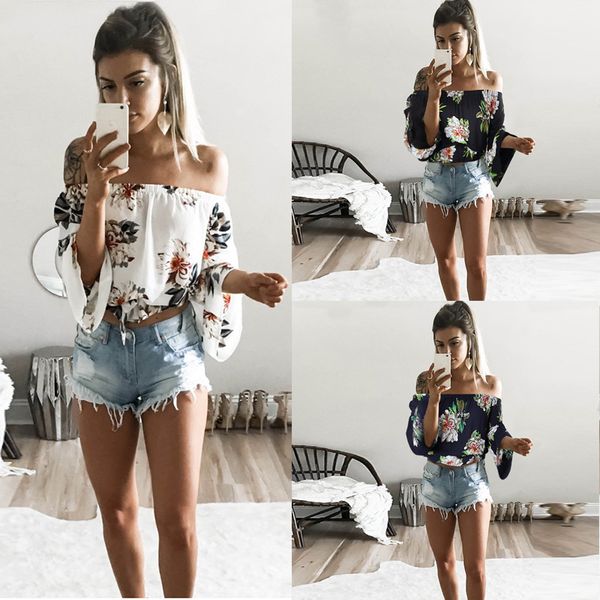 

Sexy Short Print футболка женские летние топы мода Flare рукавом без бретелек повседневная