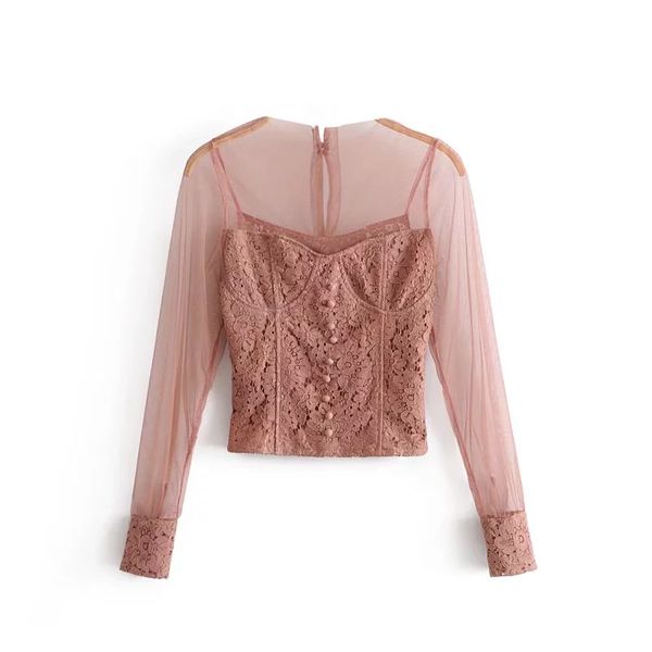 

2018 spring new arrival women o neck lace up women's all-match thin gauze stitching lace transparent shirt ing, White