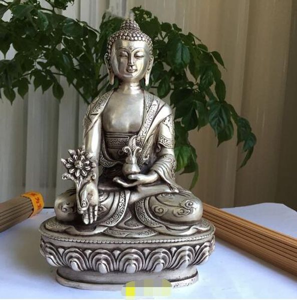 Cina Argento Buddismo bel drago Po Sang Buddha Sede di loto Scultura Statua di Buddha della medicina