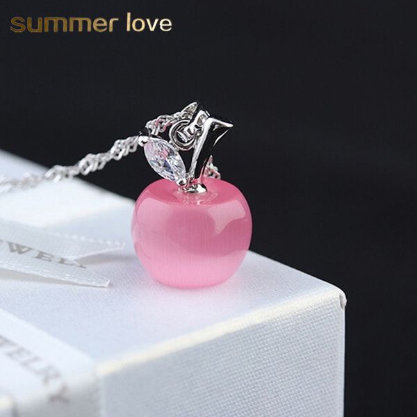 

kawaii lovely pink white opal apple necklace for women girls silver chain cute apple charm pendants necklaces collier fashion korean jewelry