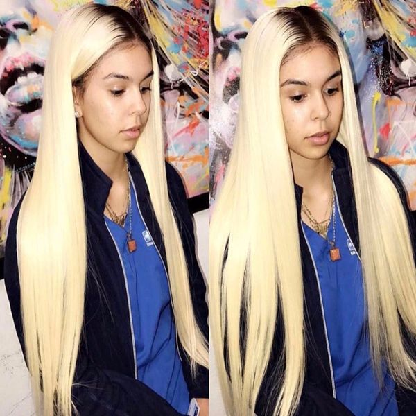

150% density 1b 613 ombre blonde lace front human hair wigs pre plucked lace front wig with baby hair remy hair, Black;brown