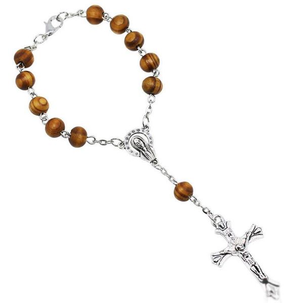 

8mm wooden bead catholic rosary bracelet women religious christianity virgin mary jesus cross crucifix bracelet drop, Golden;silver