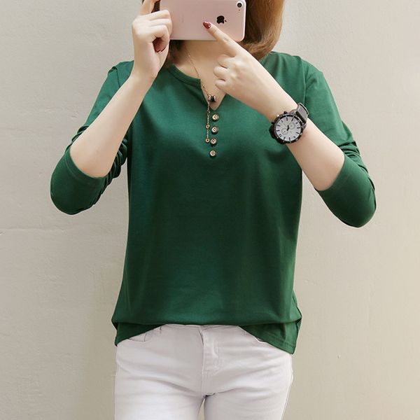 

basic t shirt women solid long sleeve v-neck womens 2018 autumn tee shirt women korean style t-shirt loose new female, White