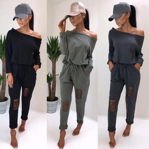 

fashion women tracksuit sweatsuit long sleeve jumpsuits stretchy overall off shoulder broken hole casual bodysuits rompers women clothing, Black;white