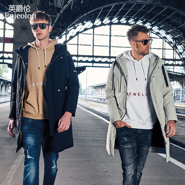 

enjeolon brand winter thick winter hoodies long down jacket men pocket long parka coat male warm parka coat down yr0136, Black