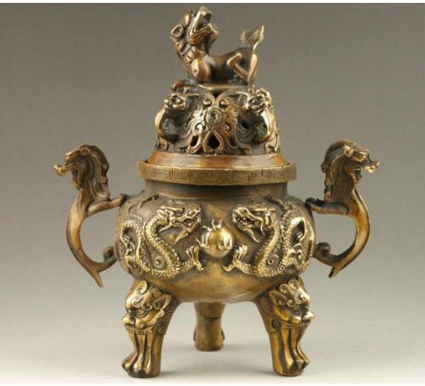 

chinese old hand-made dragon statues & lion lid bronze incense burner