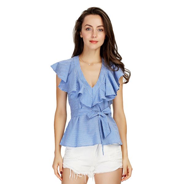 

women sweet ruffles striped blue shirts v-neck sashes short sleeve blouses ladies european style fashion blusas, White