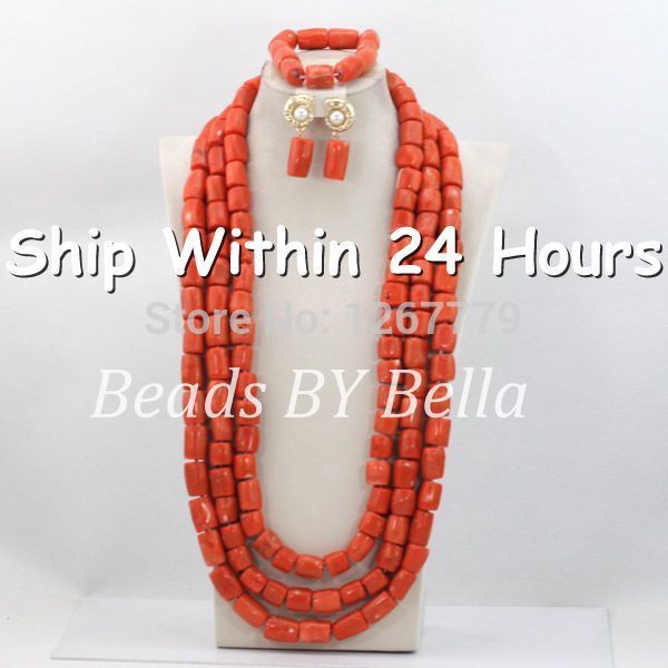 

red long african coral beads jewelry set nigerian beads necklaces statement necklace african jewelry abc421, Slivery;golden
