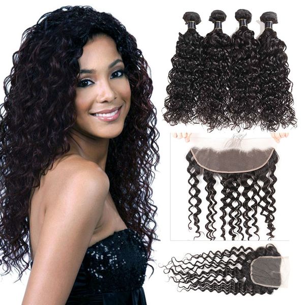 

8а бразильский перуанский малайзии плетение человеческих волос с фронтальной волной воды реми пучки волос девы с 4x4 кружева закрытие волос, Black