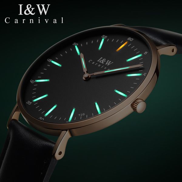 

i&w t25 tritium luminous quartz watch men carnival ultra thin waterproof mens watches new 2018 male clock relogio masculino 40, Slivery;brown