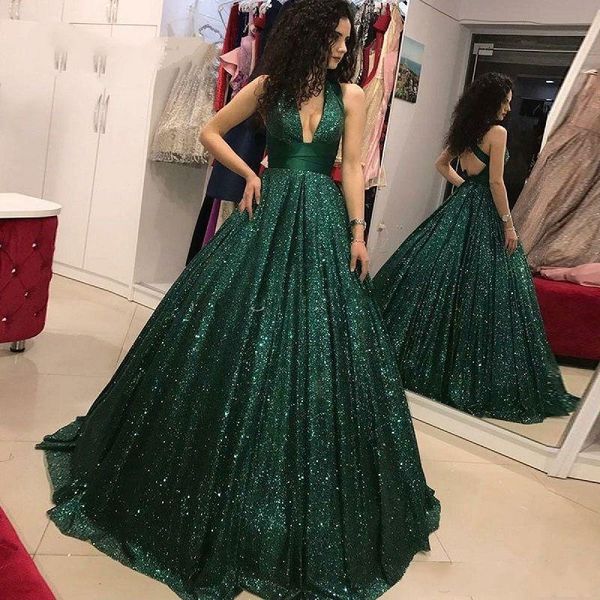 

2019 Sparkly Sequined Hunter Green Dark Red Prom Dresses Deep V Neck Sequins Ball Gown Sleeveless Sweep Train Plus Size Evening Gowns Wear
