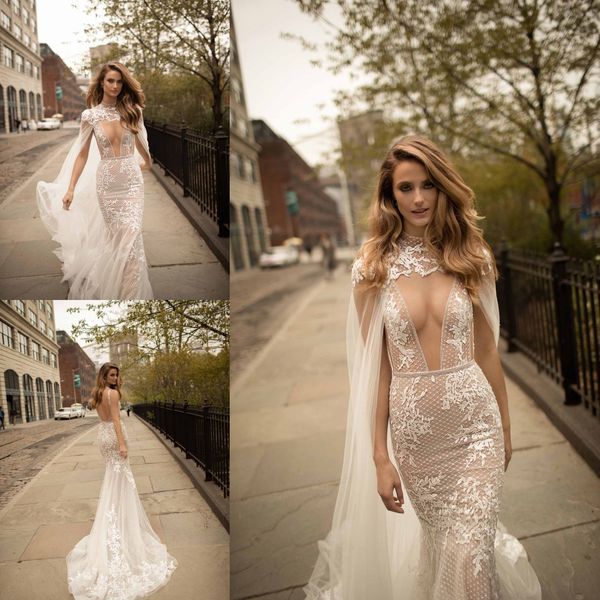 

berta ivory mermaid wedding dresses with high neck wraps lace appliques sleeveless open back deep neckline long bridal gowns, White