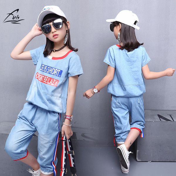 

kids girls clothing sets girls outfits summer denim clothing sets denim t-shirt+pants letter girls cotton 2pcs, White