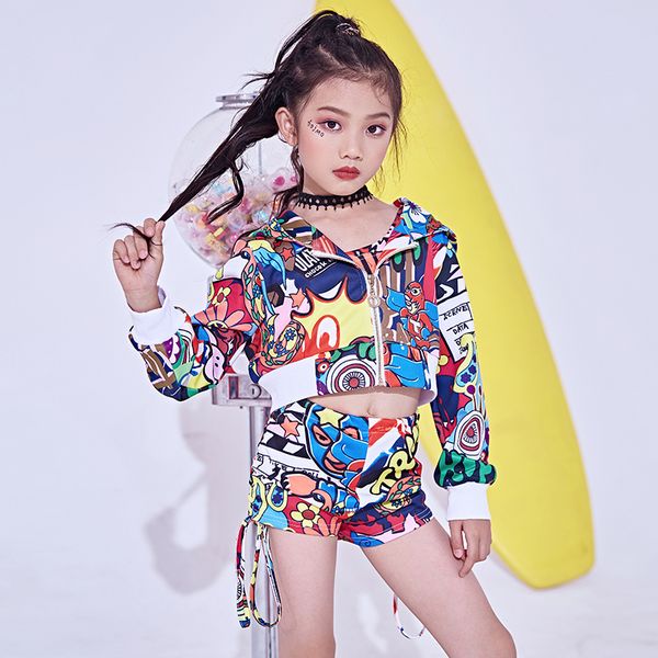 

hip hop clothing kids jazz dance child costume fashion print vest shorts coat jacket stage performance dancing outfit dnv10145, Black;red