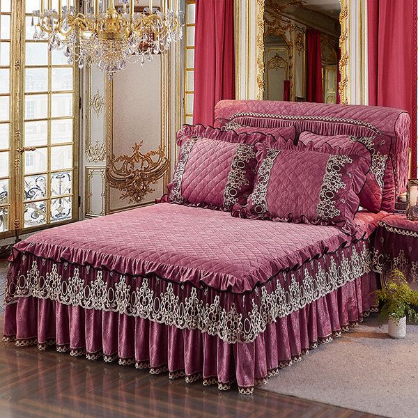 

quilted thick fleece warm bed cover bed spread pink blue purple lace bedskirt set king/ size bedding sets bedsheets set