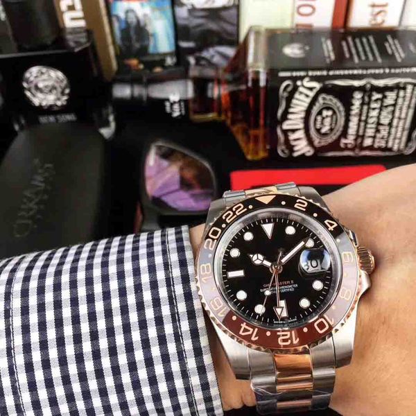 

new gold listed version batman mens watch automatic movement ceramic rotating bezel sapphire glass steel strap wristwatch, Slivery;brown