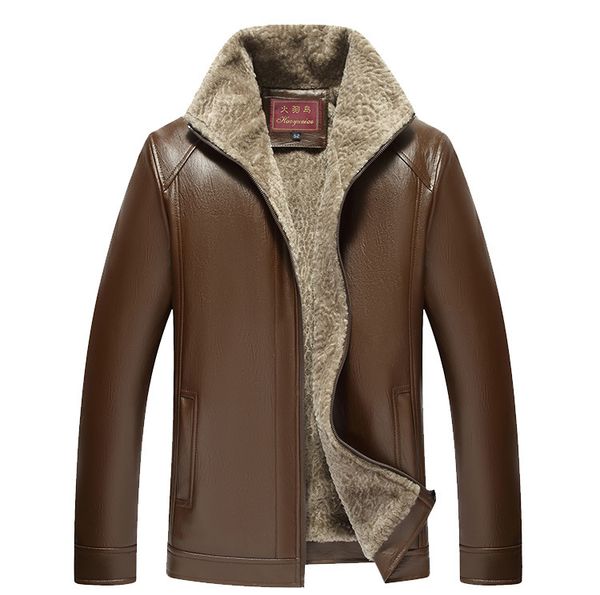 

2018 new men fashion pu leather jacket long sleeve winter warm fur lining outwear coats plus size windbreak, Black