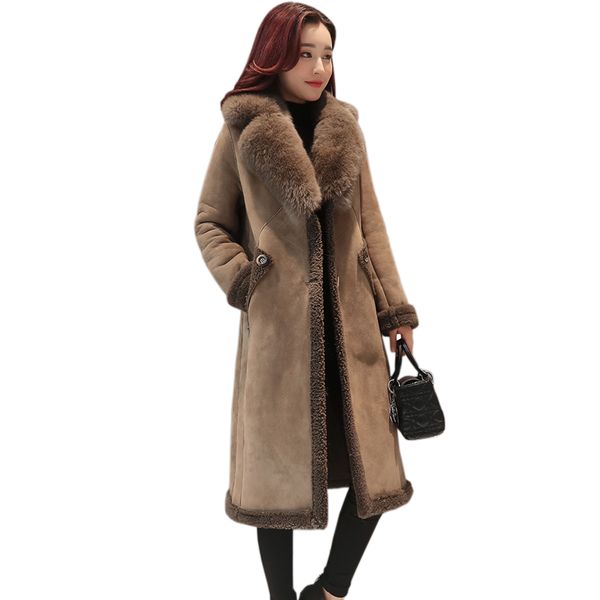 

wholesale-2017 new winter suede leather coat women fashionable long thick lamb fur parka female faux sheepskin windbreakers jacket yq401, Black