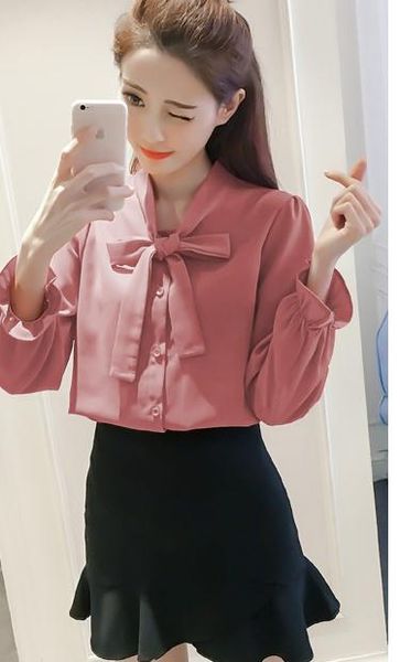 

send 2018 autumn new style korean bowknot long sleeve shirt female arder, White