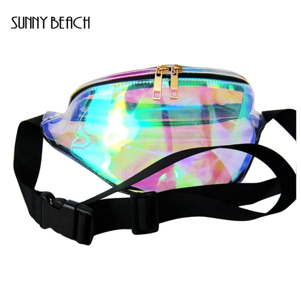 

sunny beach laser holographic bag women waist pack clear pvc wallet men purse causal punk bum bag pu leather waist