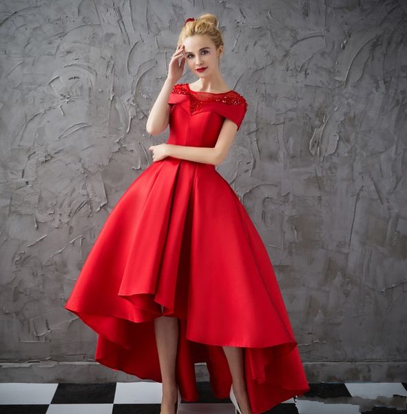 

vestido de noiva 2018 elegant red bateau high low satin prom evening dress bead asymmetrical celebrity party dress robe de soriee, Black