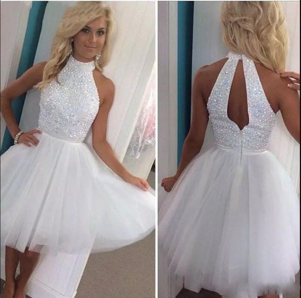 Homecoming Gown Halter Beaded A-line Formal Short Beaded Prom Evening Dresses