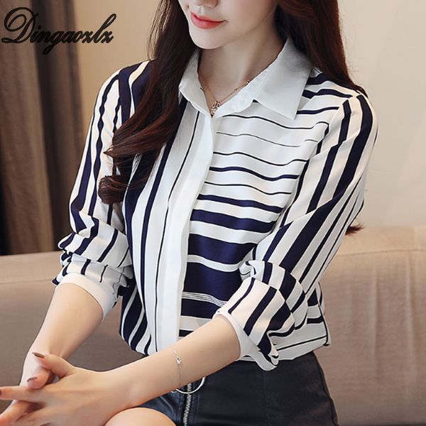 

dingaozlz fashion striped shirt autumn korean women blouse long sleeve plus size chiffon shirt blusa feminina, White