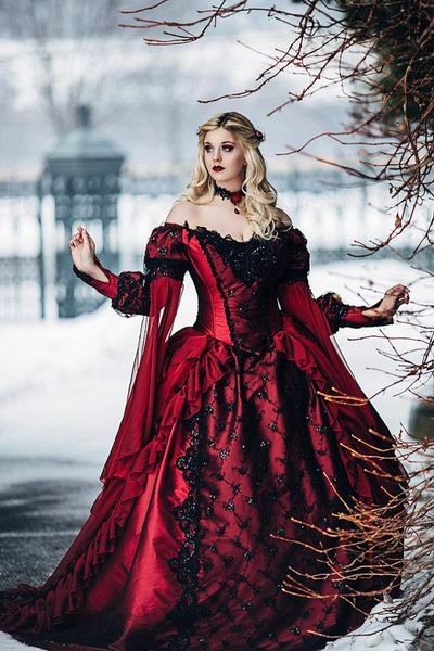 Gothic Prinzessin mittelalterliches Ballkleid Hochzeitskleid Langarm Spitzenapplikationen viktorianische Brautkleider Plus Size Brautkleider