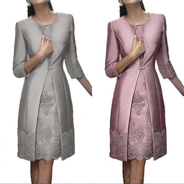 

elegant short mother dresses formal wear with jacket evening satin lace party wedding guest dress of the bride groom dress suit gowns, Black;red