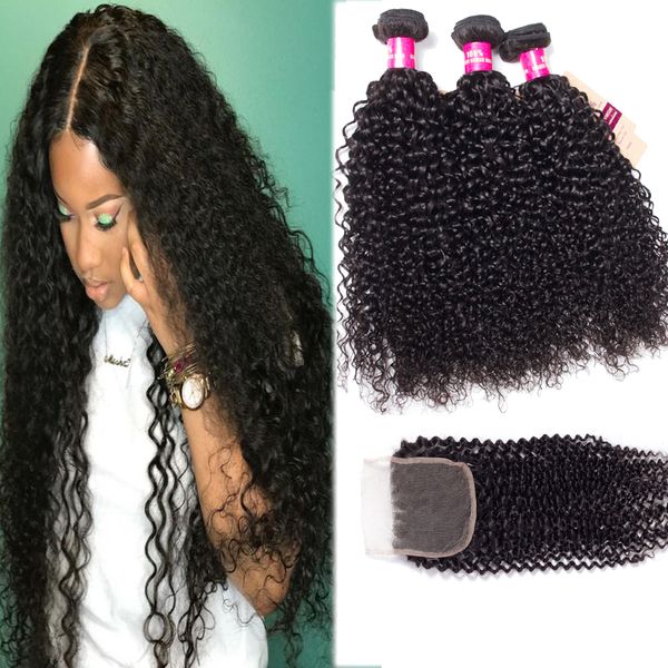 

8a brazilian hair body wave straight loose wave kinky curly deep wave 3 bundles with 4x4 lace closure unprocessed virgin human hair wefts, Black;brown