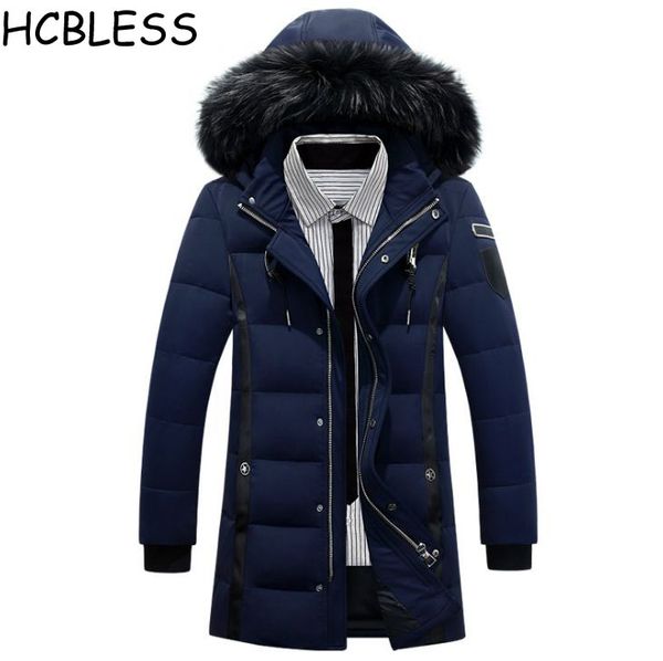 

hcbless new fashion large size men's down jacket men's long section thick white duck down fur collar hooded jacket, Black