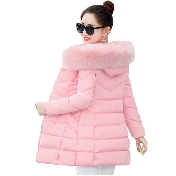 

korean style winter coat women fur collar padded-cotton parkas female thicker coats jackets medium-long hooded overcoats women, Black