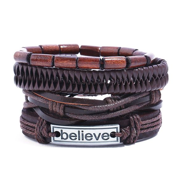 

vintage believe charm bracelet punk beads silver brown braided leather wristband handmade multilayer bangle wrap fashion jewelry, White