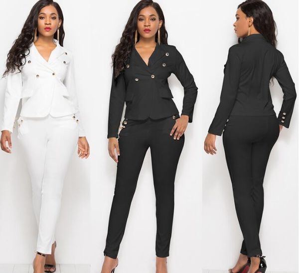 

fashion pant suits 2 piece set for women single button white black blazer jacket & trouser office lady suit feminino 2018