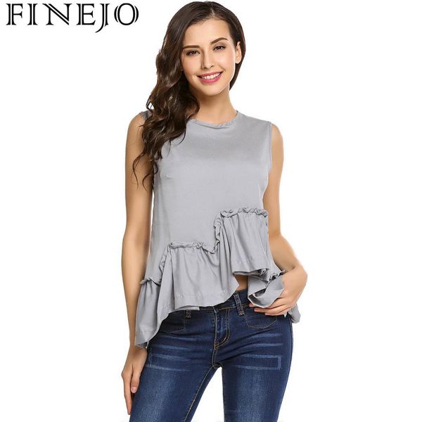 

finejo casual o-neck sleeveless solid ruffle asymmetrical wavy hem women vest, White